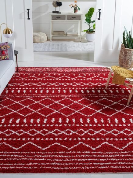 Area Rug - 8' x 10', Red & Ivory, Moroccan Design, Non-Shedding & Easy Care, 1.6-inch Thick Ideal for High Traffic Areas in Living Room, Bedroom (ASG741Q)